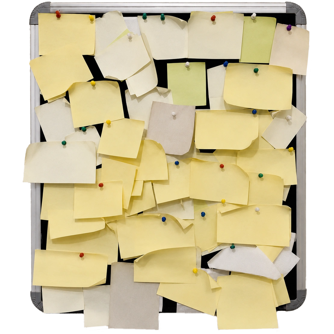 A cluttered board of sticky notes